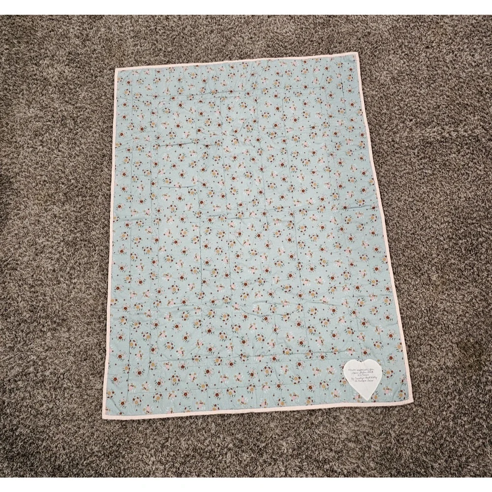 Handmade Baby Crib Quilt Patchwork Heart Print Pastel Colors Cottagecore